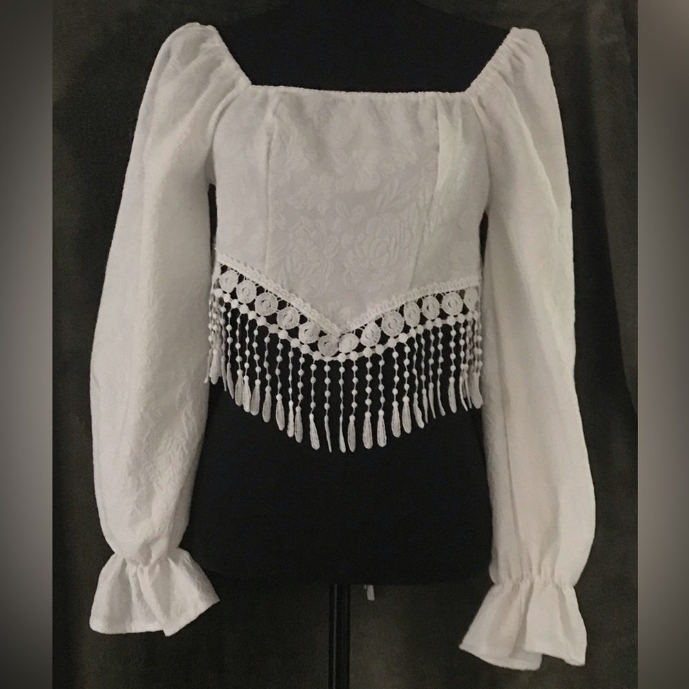 White Crochet Fringe Long-Sleeve Square Neck Top